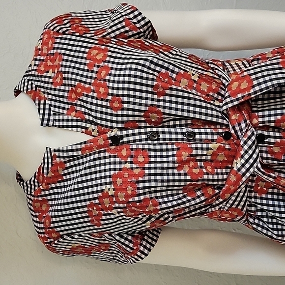 ADRIANNA PAPELL Retro Rockabilly Gingham Floral Button Tie Waist Shirt Dress - Picture 7 of 10